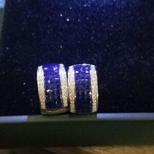 Blue and White Sapphire Huggie Earrings